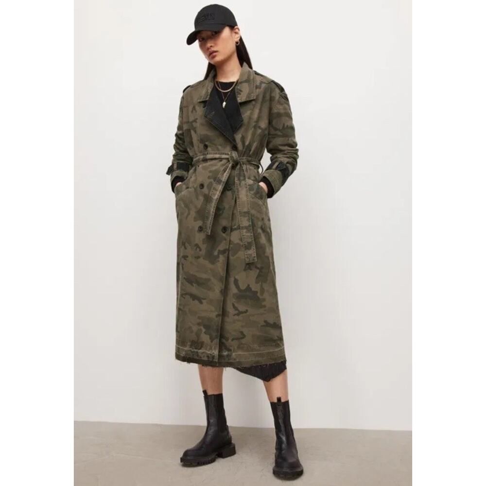 AllSaints Smilla Camouflage Cotton Trench Coat Belted Camo Jacket US 2